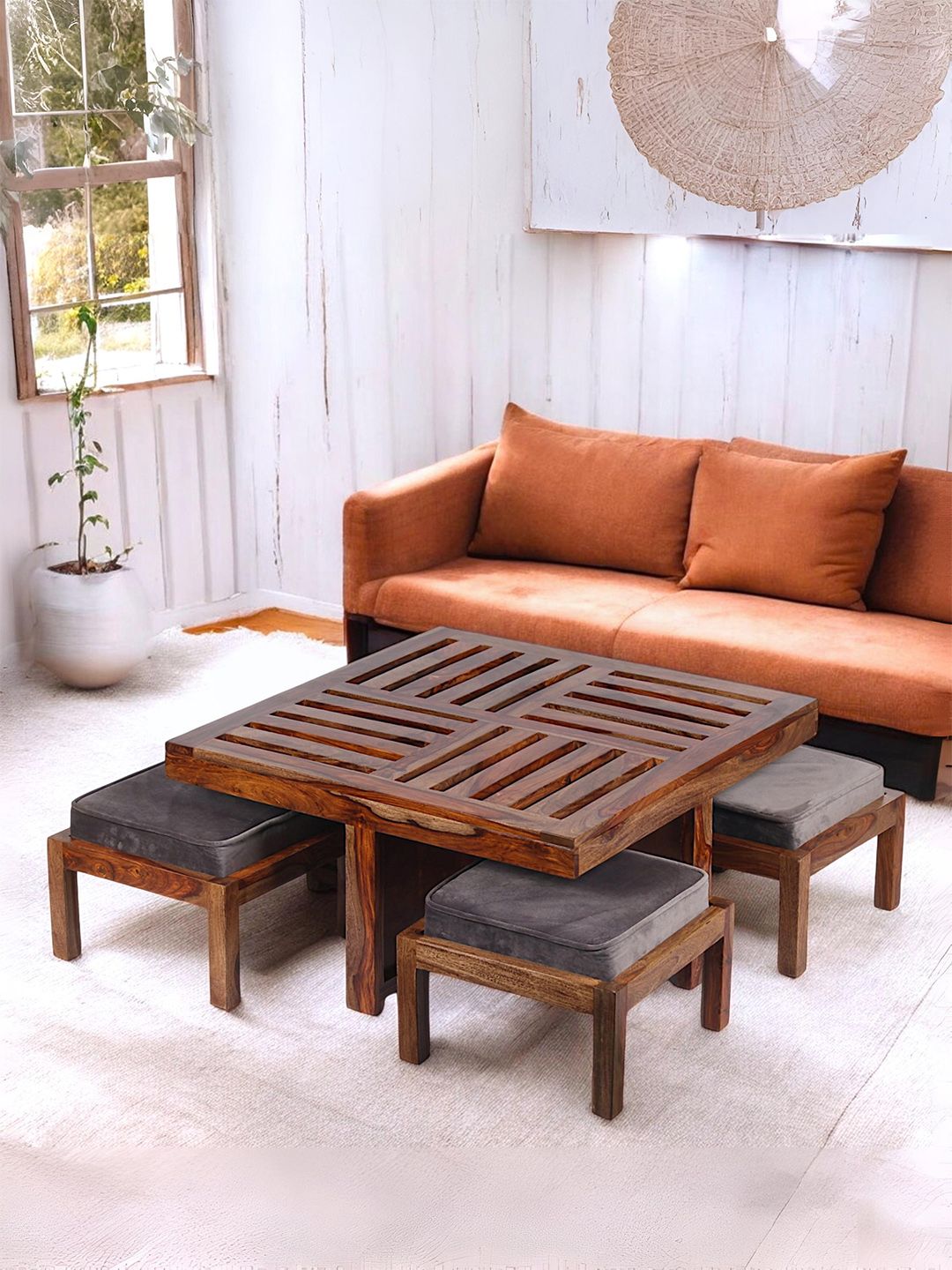 Ikiriya Coffee Brown Square Shaped Sheesham Wooden Accent Coffee Table Set-picture-11