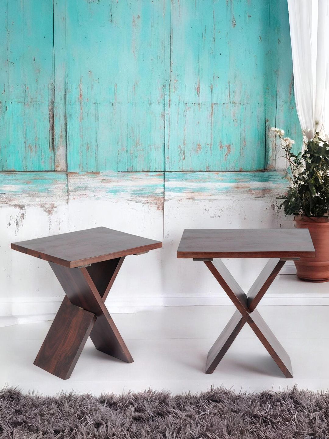 Ikiriya Red & Brown 2 Pieces Rectangle Shaped Sheesham Wooden Coffee Table-picture-20