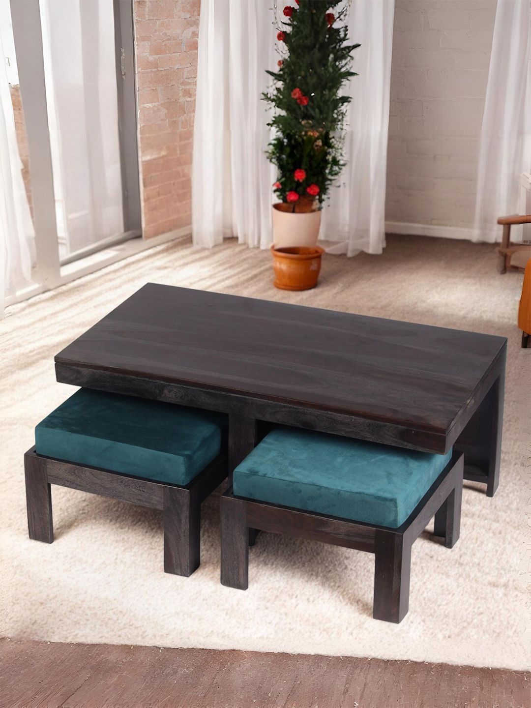 Ikiriya Black Sheesham Wooden Dark Mahagony Finish Coffee Table with Cushion Covers-picture-21