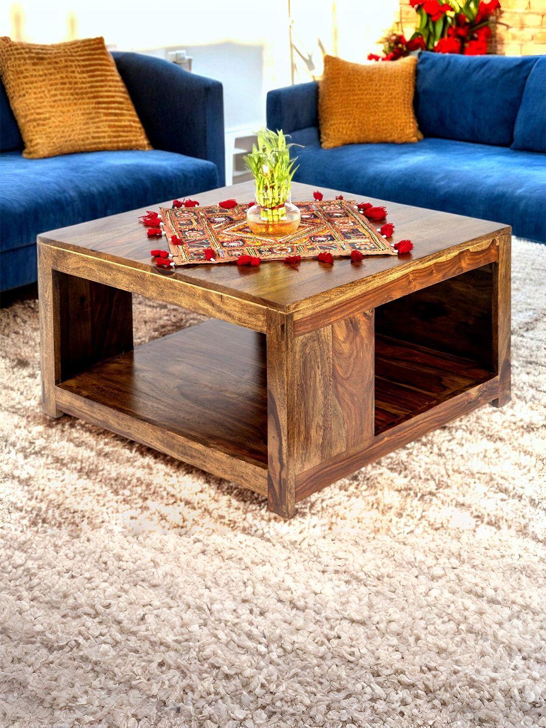 Ikiriya Coffee Brown Wood Contemporary Teak Finish Square Coffee Table-picture-27