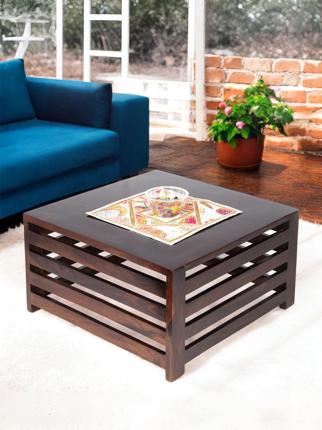 Ikiriya Brown Sheesham Wood Contemporary Dark Walnut Finish Square Coffee Table-picture-10