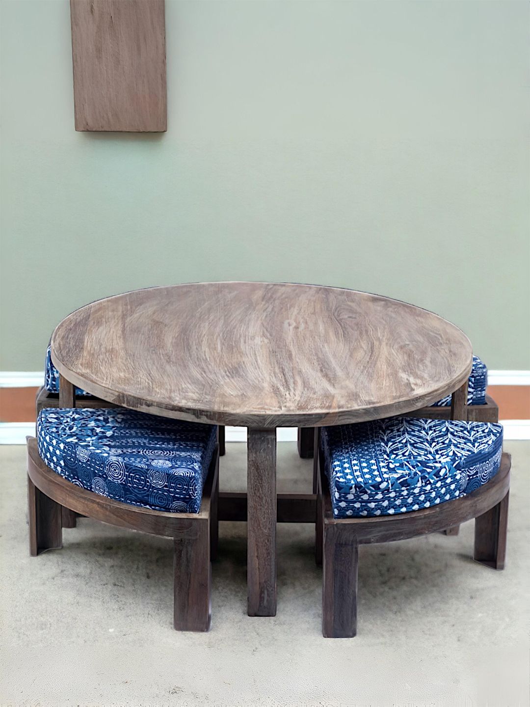 Ikiriya Grey Round Wooden Antique Grey Finish Coffee Table With Stool and Cushions-picture-38