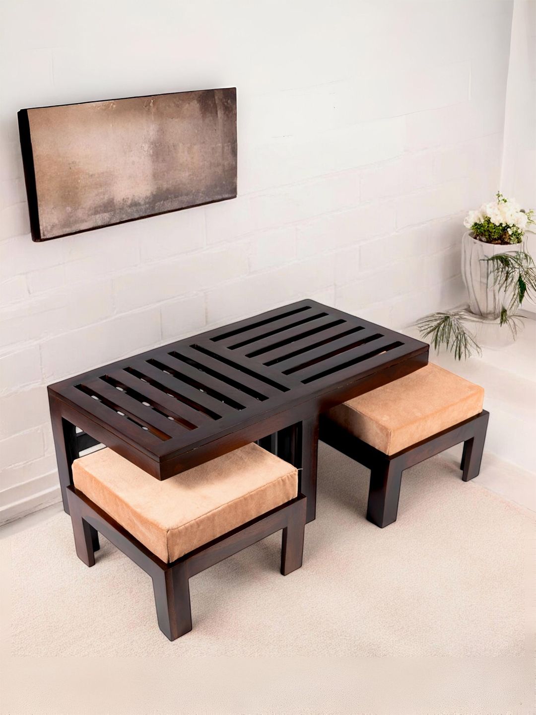 Ikiriya Red & Brown Rectangle Shaped Sheesham Wooden Contemporary Coffee Table Set-picture-16