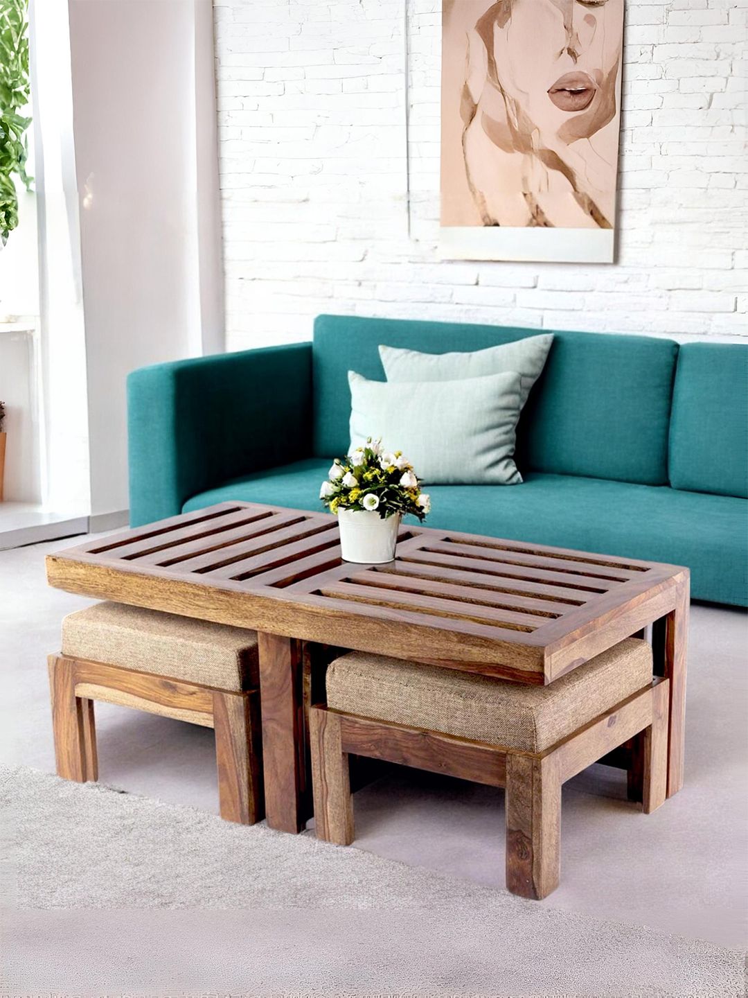 Ikiriya Coffee Brown Textured Sheesham Wood Teak Finish Rectangle Shaped Coffee Table Set-picture-30