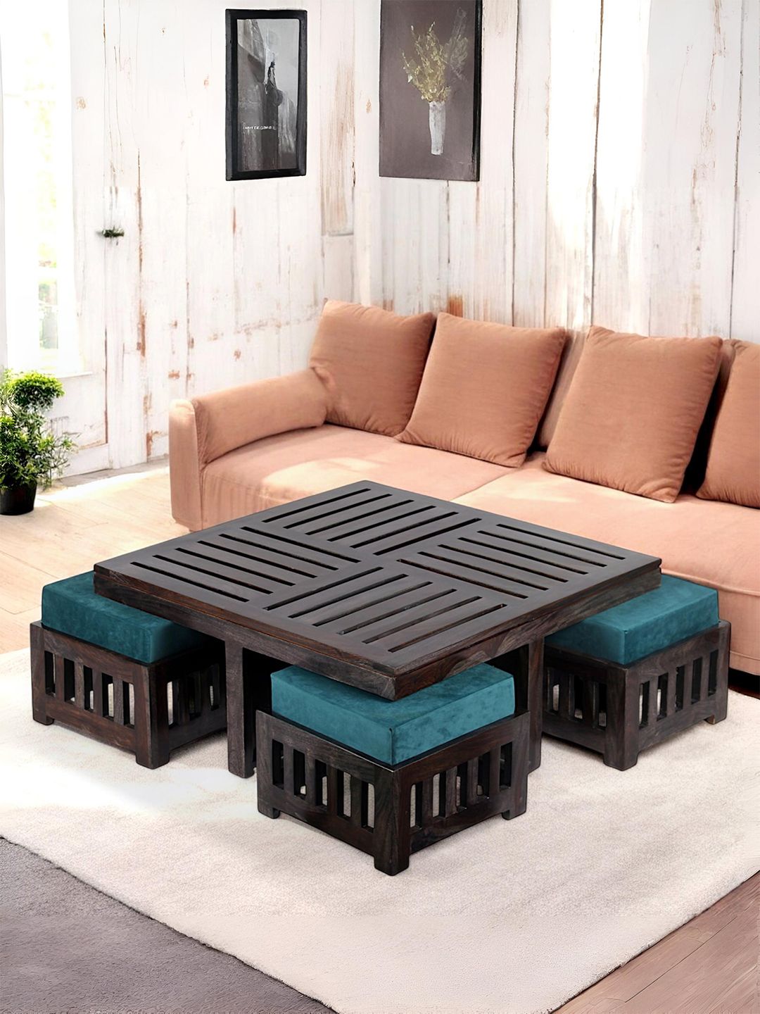 Ikiriya Black Textured Wooden Dark Mahagony Finish Coffee Table with Stool and Cushions-image-24