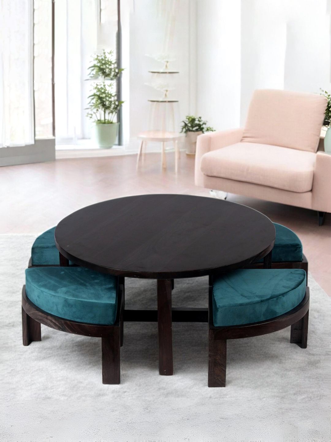 Ikiriya Black Sheesham Wood Dark Mahagony Finish Coffee Table with Stool and Cushions-picture-14