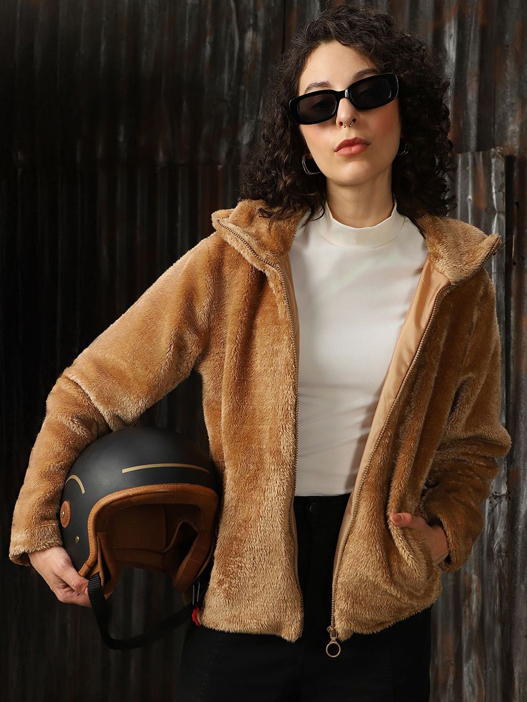 High Star Women Hooded Solid Faux Fur Casual Bomber Jacket