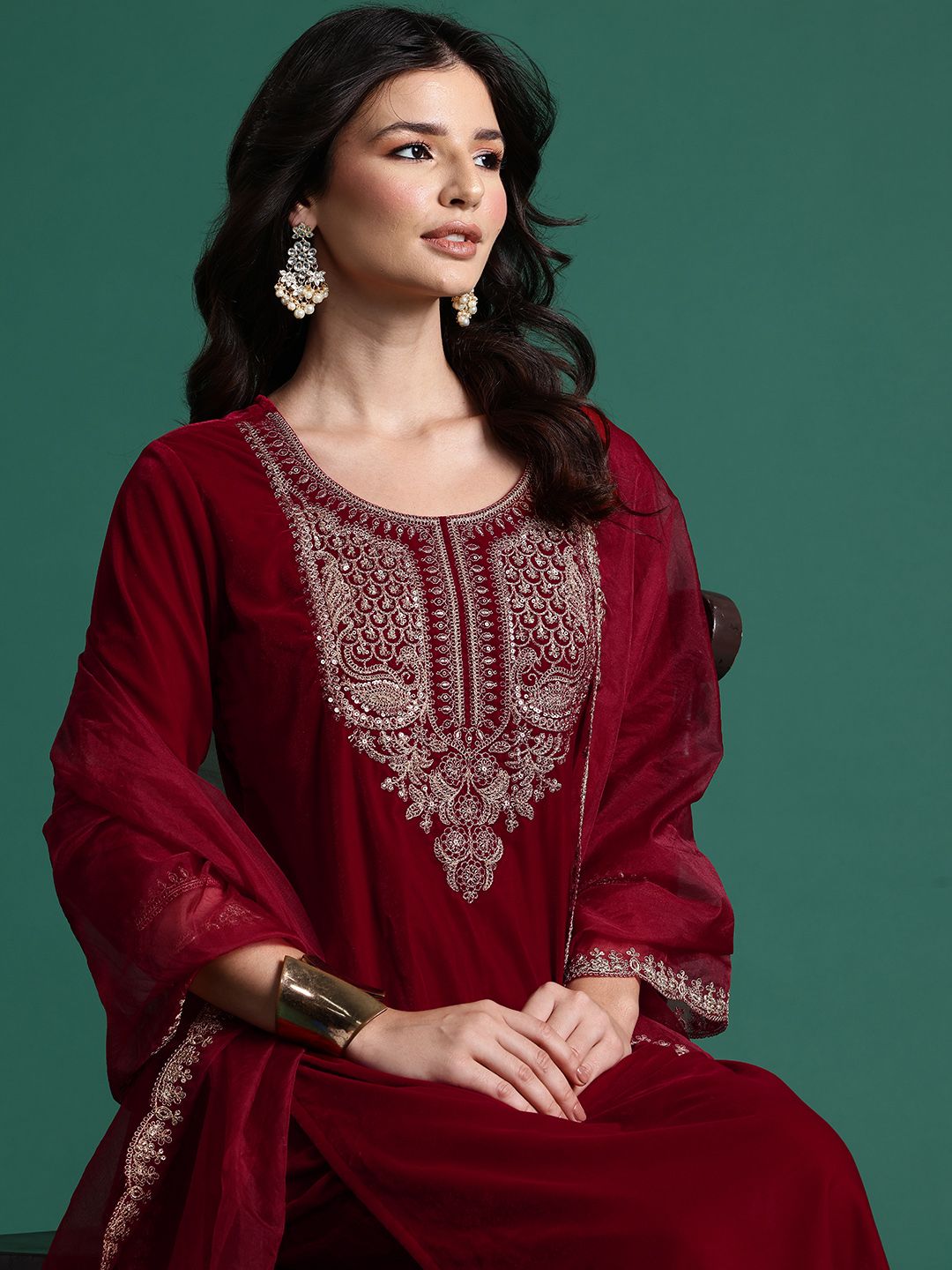 Indo Era Ethnic Motifs Embroidered Zari Velvet Kurta with Trousers & With Dupatta