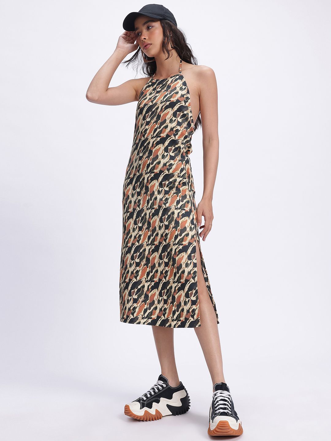 glitchez Playful Patterns Halter Neck Printed Crinkle Effect Sheath Dress-picture-32