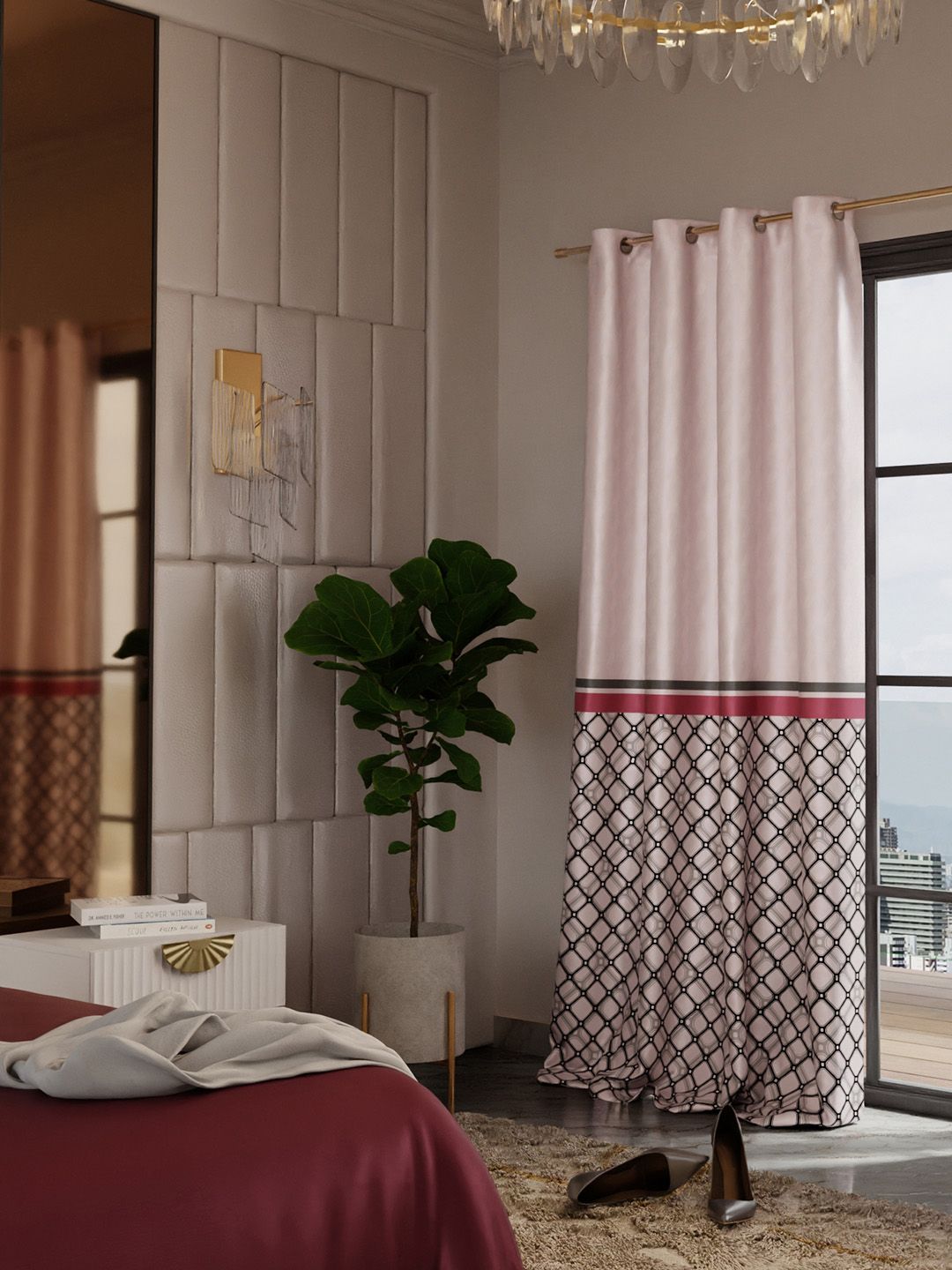 Stoa Paris Versailles Champagne & Black Geometric Printed Door Curtain With Back Lining-image-13
