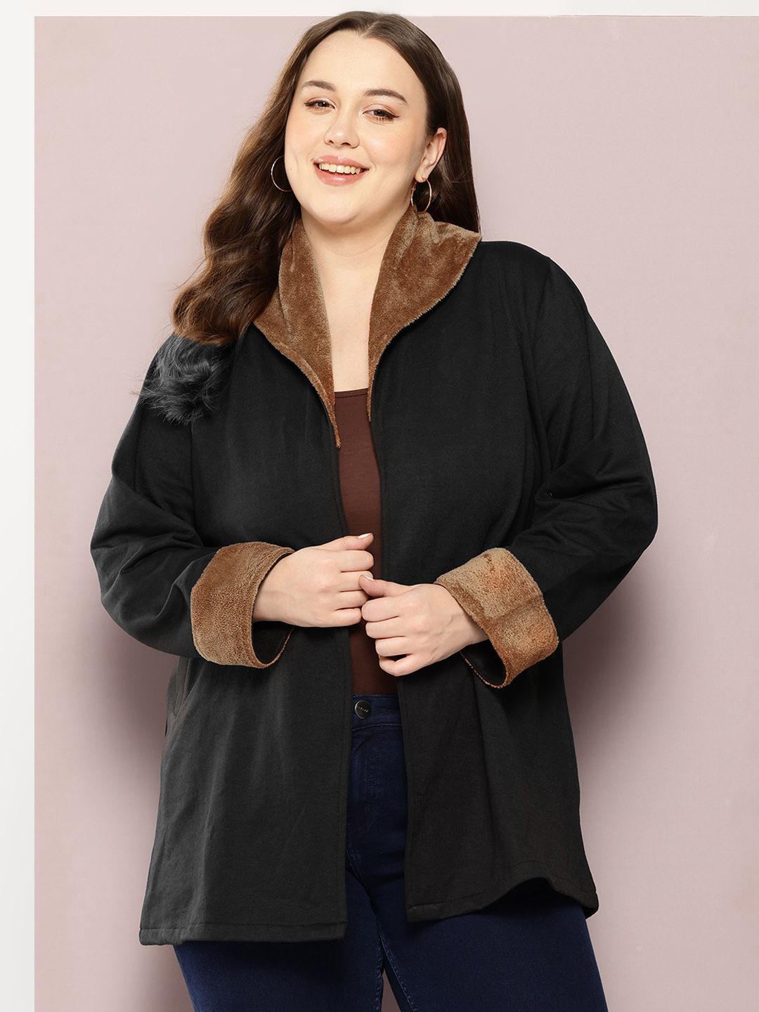 Qurvii+ Plus Size Front-Open Longline Fleece Trench Coat