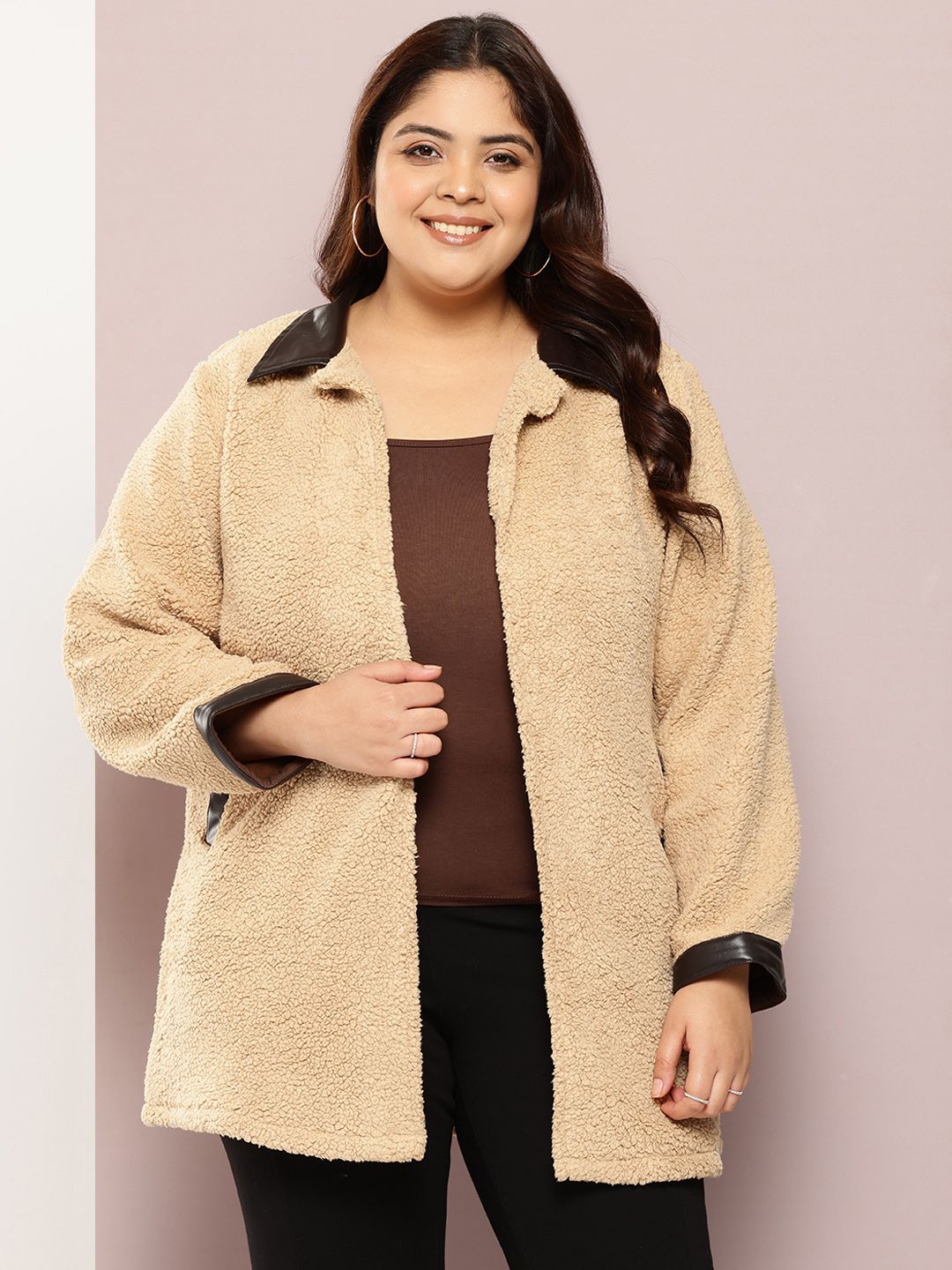 Qurvii+ Plus Size Front-Open Longline Sherpa Fleece Trench Coat With Faux Leather Detail
