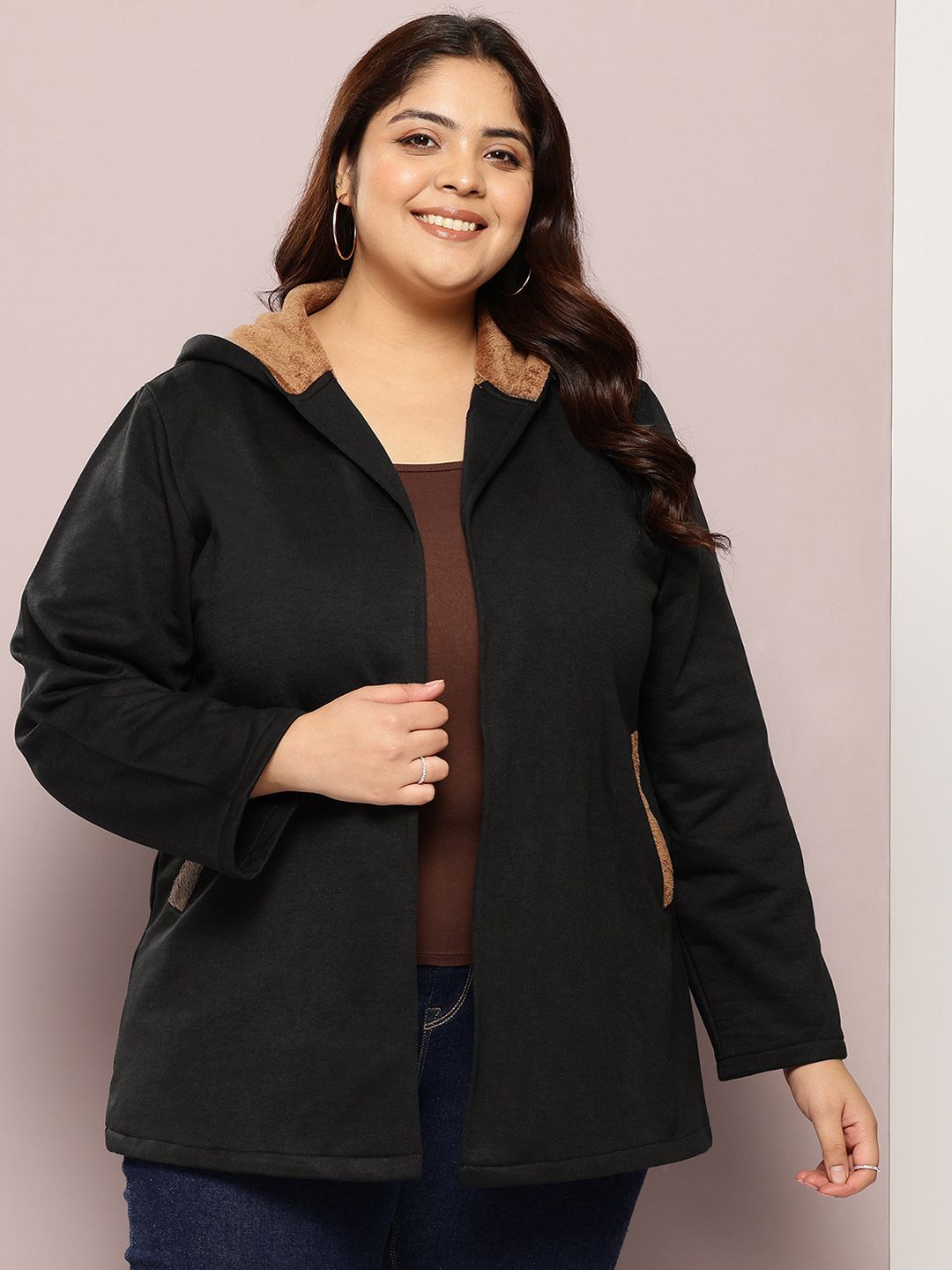 Qurvii+ Plus Size Fleece Longline Open Front Hooded Jacket with Patchwork