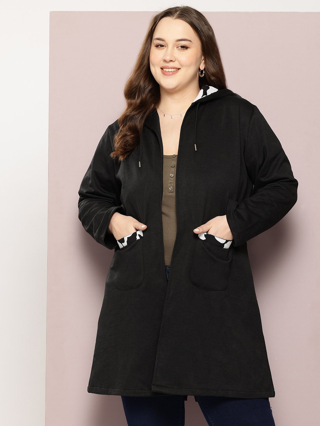 Qurvii+ Plus Size Fleece Longline Open Front Hooded Jacket with Patchwork