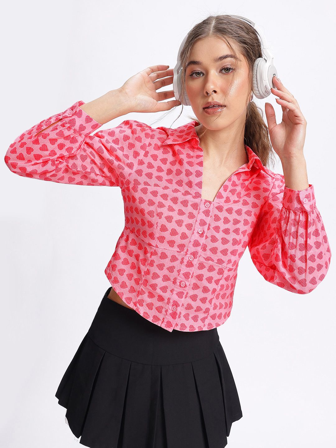 glitchez Whimsical Hearts Printed Cotton-Linen Crop Shirt-Style Top-image-47