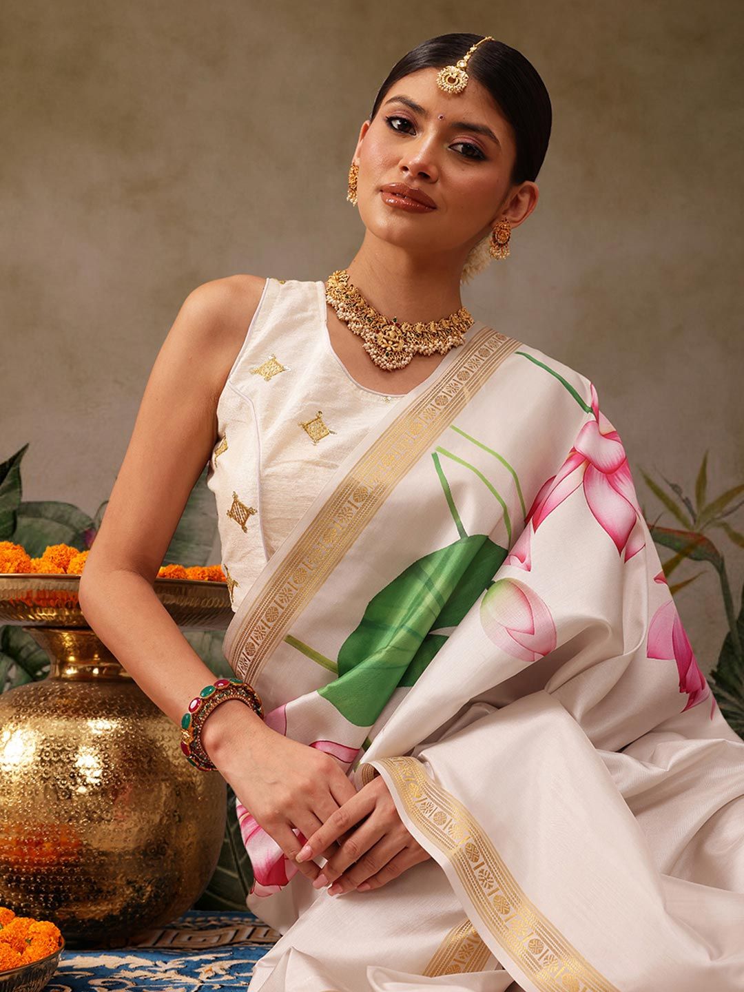 Silk Land Floral Printed Zari Ready to Wear Kasavu Saree-picture-36