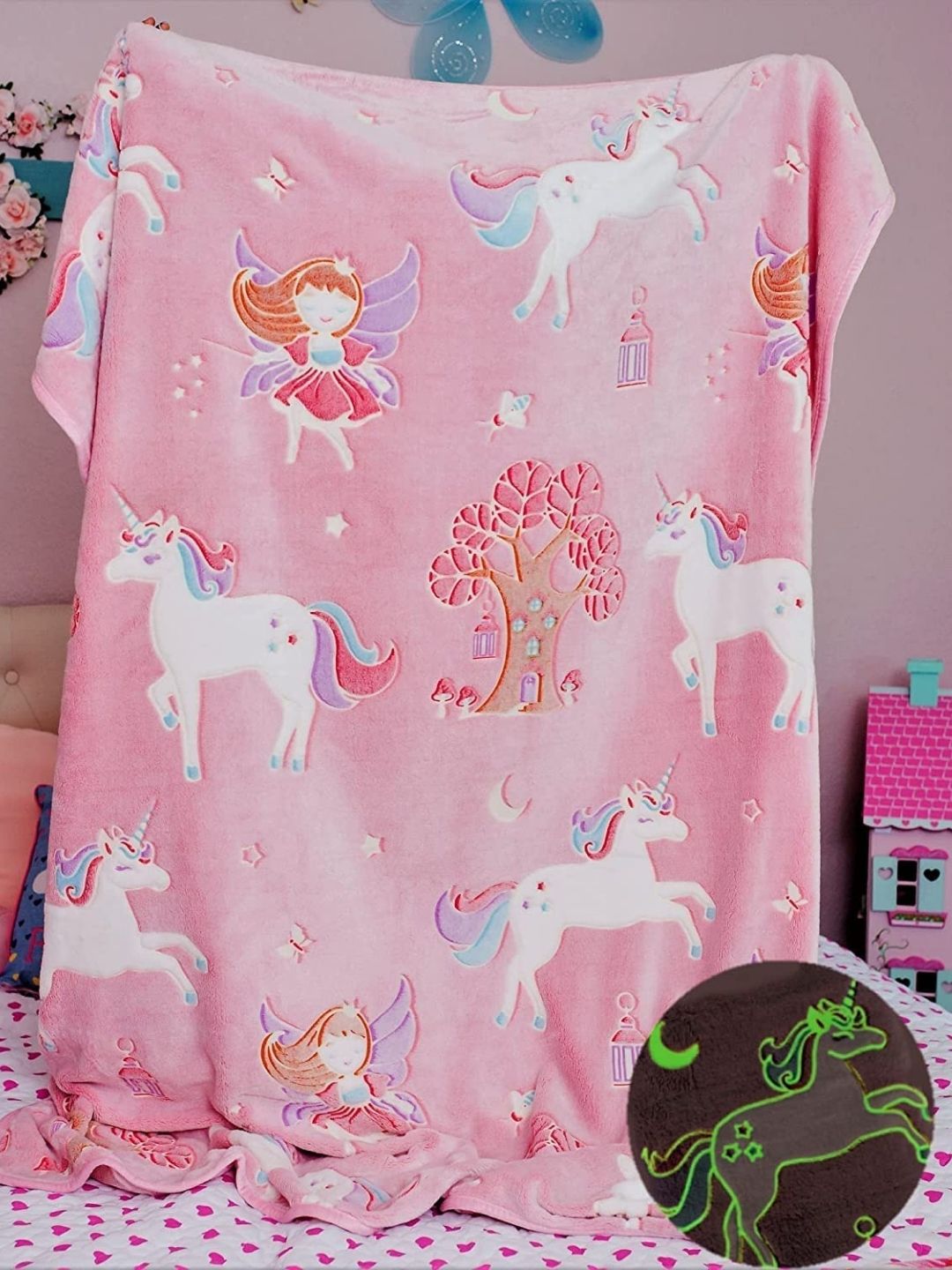 Famyo Glow in The Dark Kids Pink & White Unicron Printed 150 GSM Queen Size Blanket