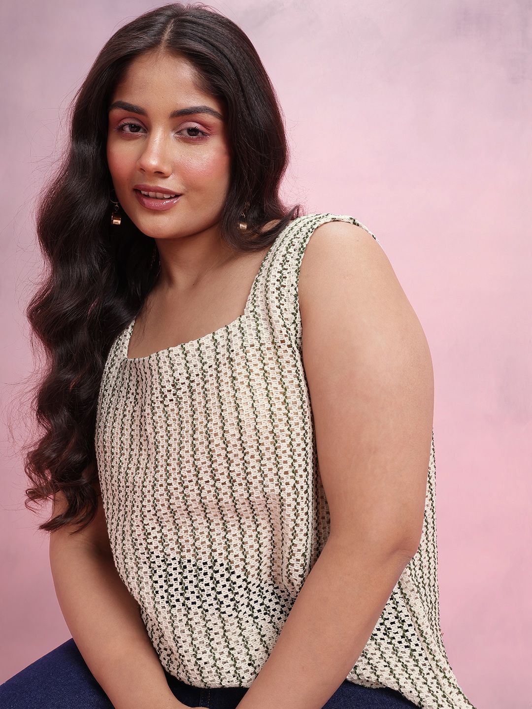 DressBerry Curve Plus Size Vertically Self-Striped Square Neck Top with Open Knits-picture-21