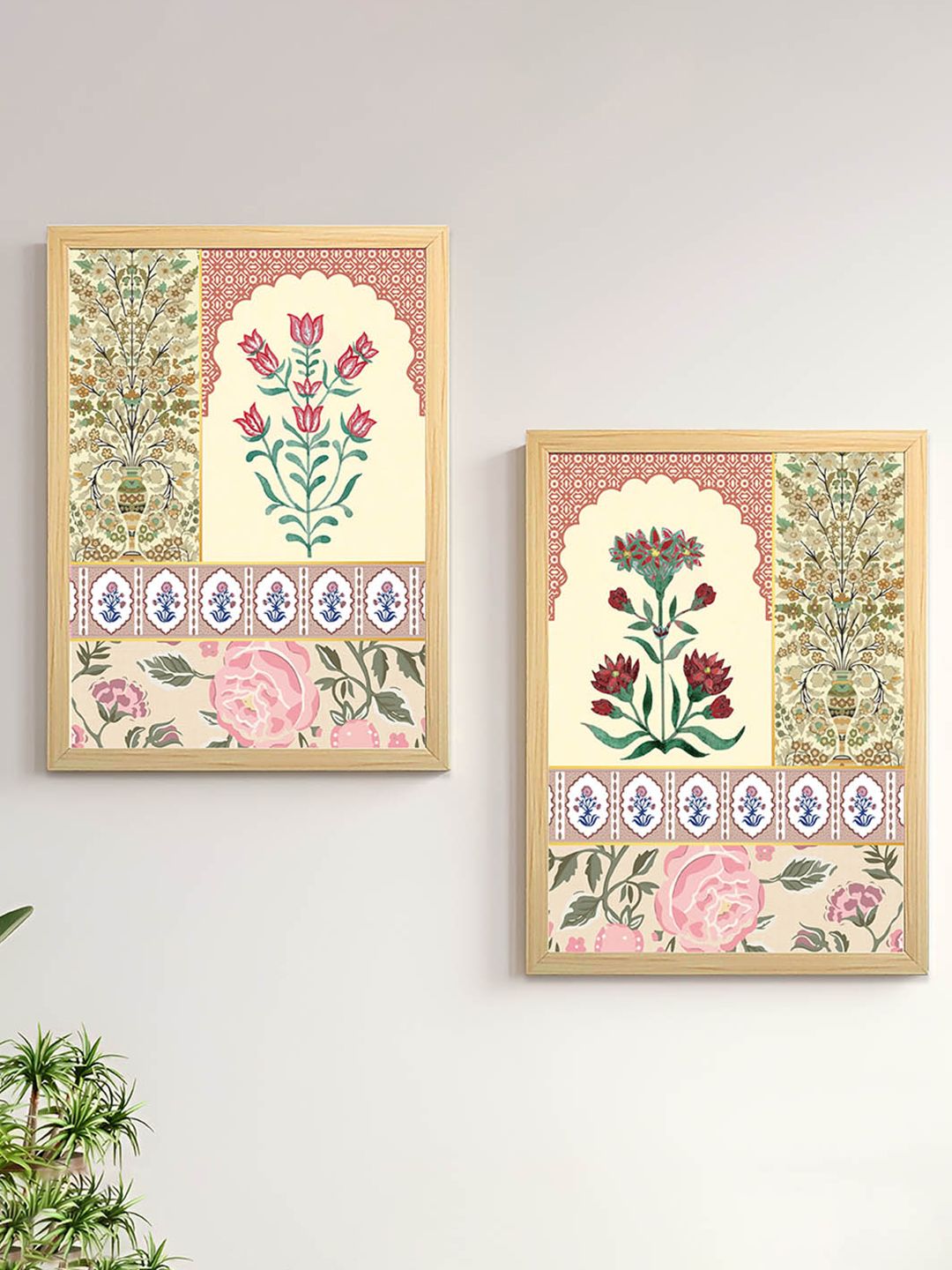 Art Street Pink & Green 2 Piece Indian Floral Motif Painting Wall Art-picture-34