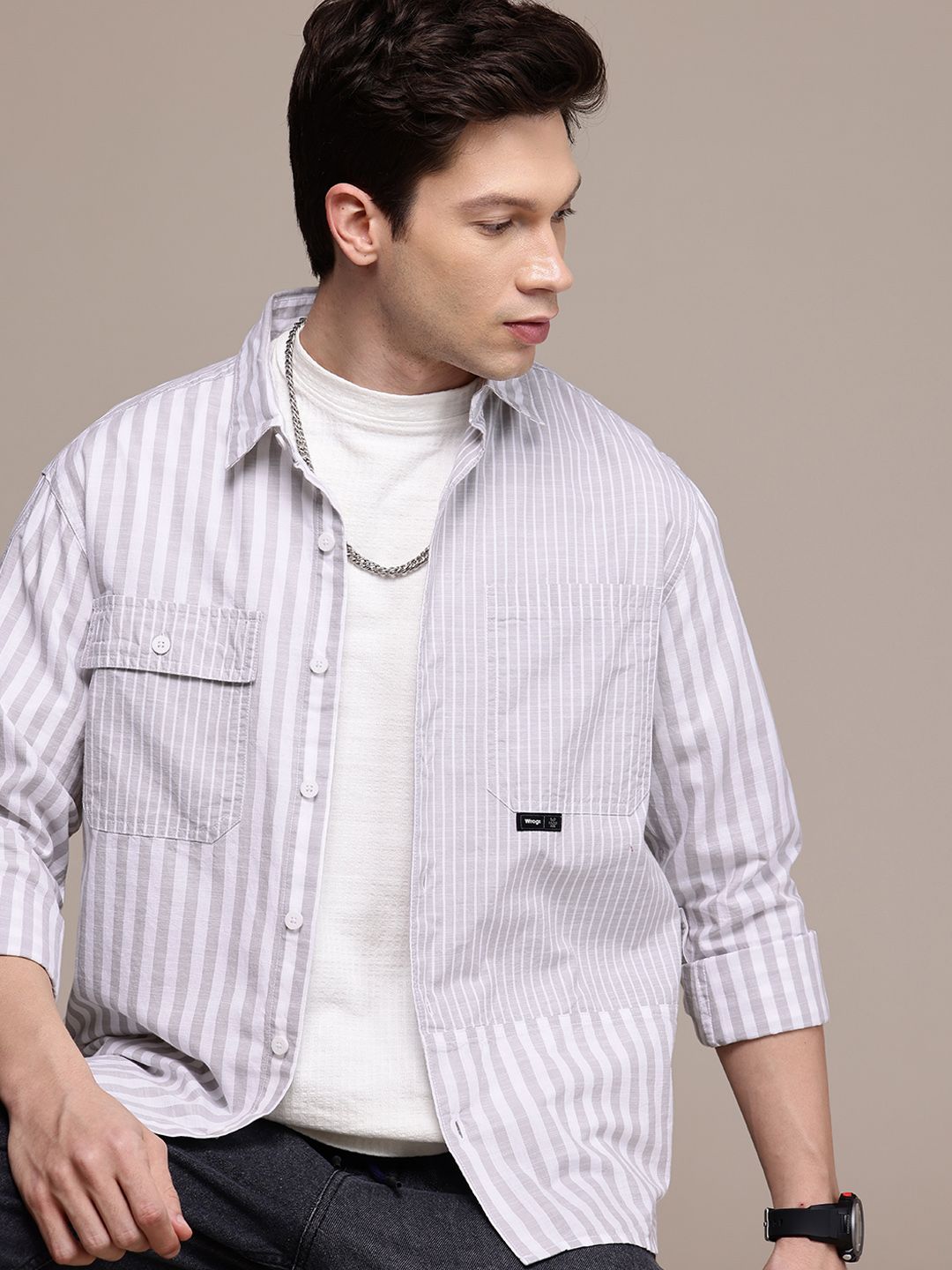 WROGN Comfort Fit Opaque Striped Pure Cotton Casual Shirt-picture-34