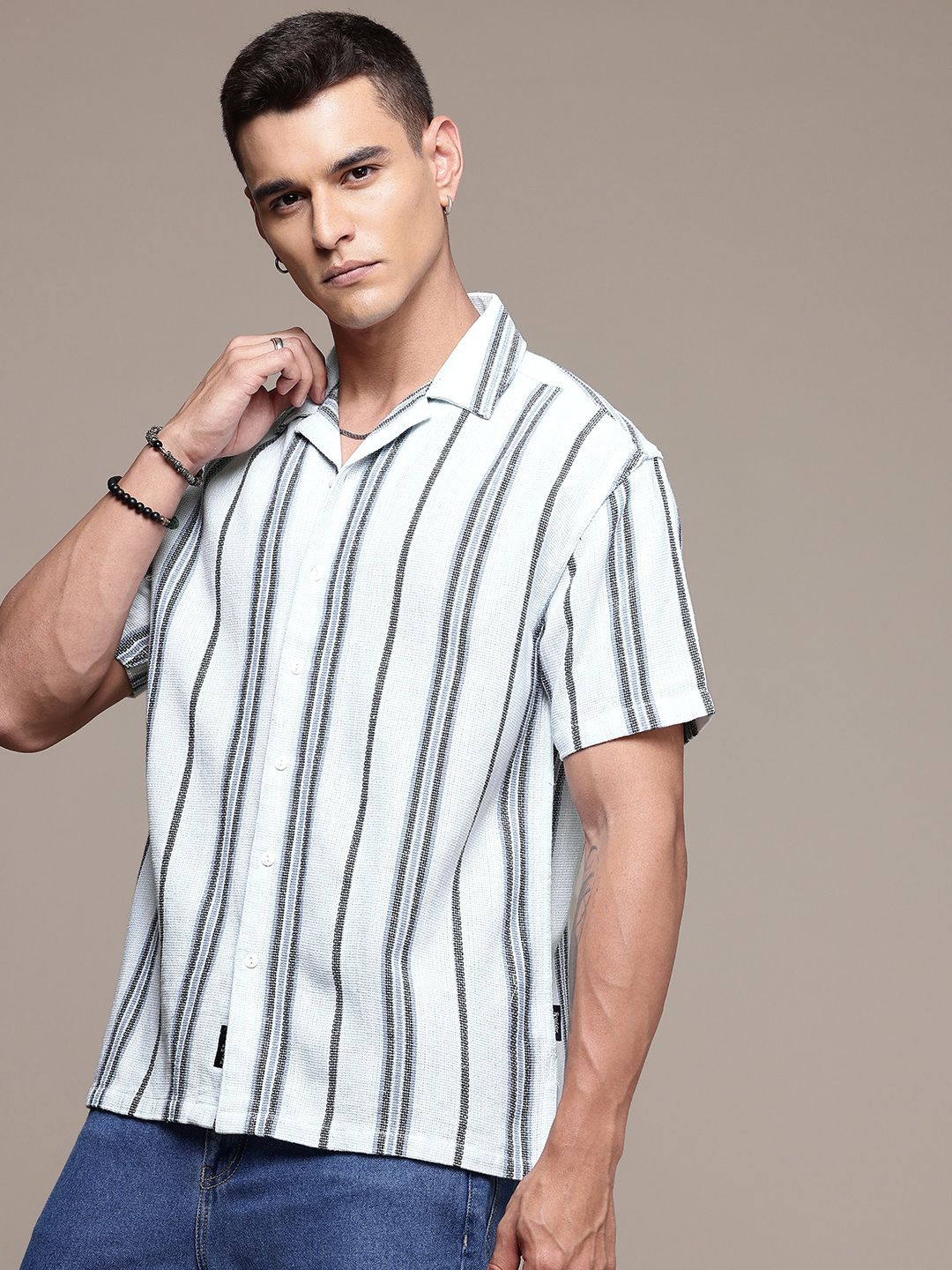 The Roadster Life Co. Self Striped Cuban Collar Relaxed Fit Casual Shirt-picture-32