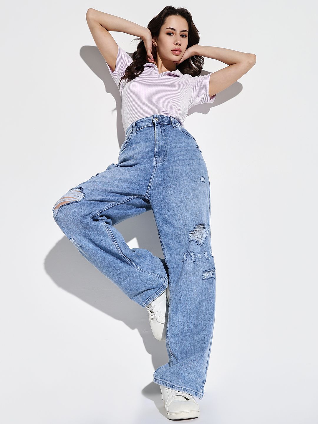 SHOWOFF Women Comfort Wide Leg Slash Knee Light Fade Acid Wash Stretchable Jeans-picture-13