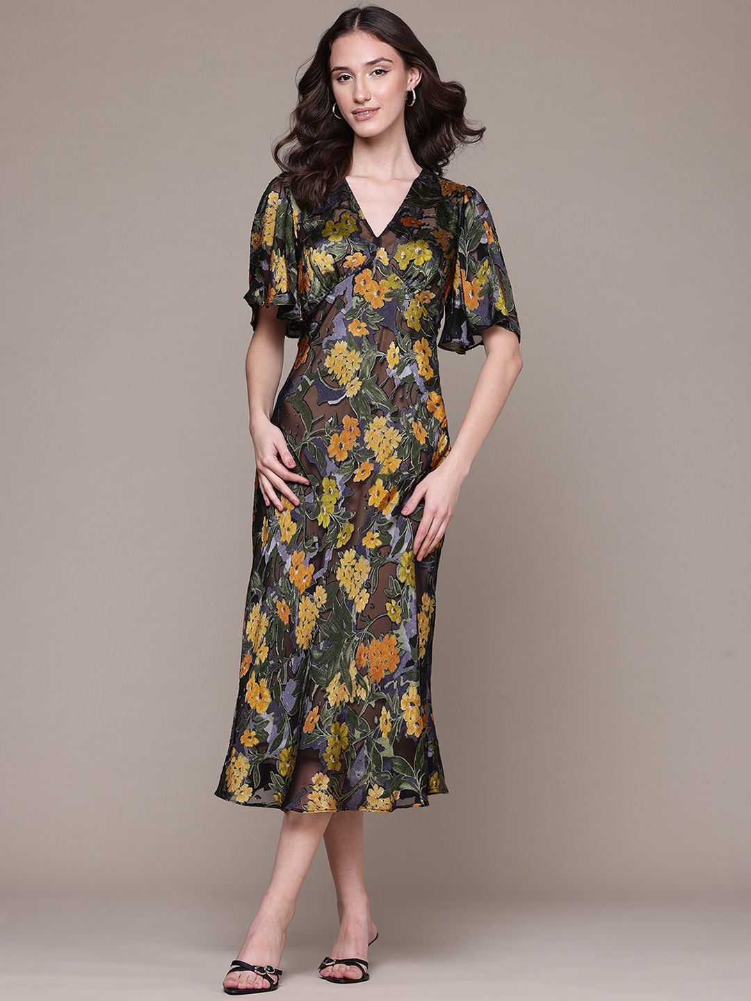 Label Ritu Kumar Floral Printed Flared Sleeve Satin Empire Midi Dress-picture-41