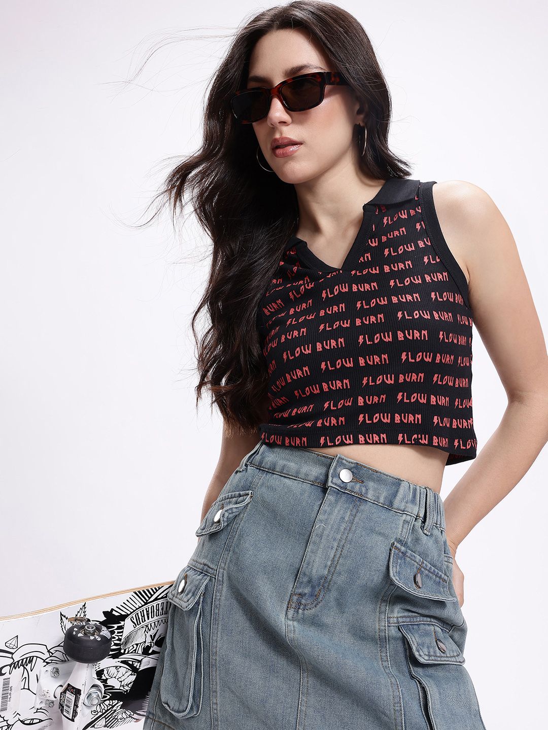 Kook N Keech Printed Shirt Collar Pure Cotton Fitted Crop Top-picture-23