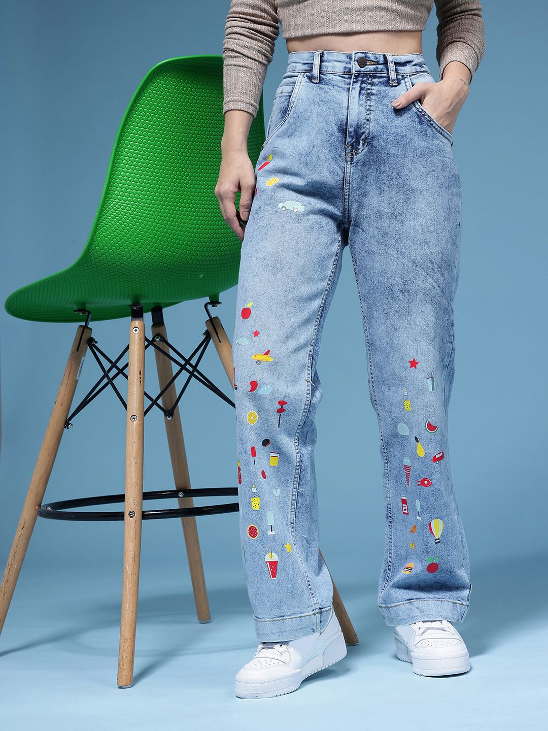 HERE&NOW Women Straight Fit Mid-Rise Light Fade Printed Stretchable Jeans-picture-32