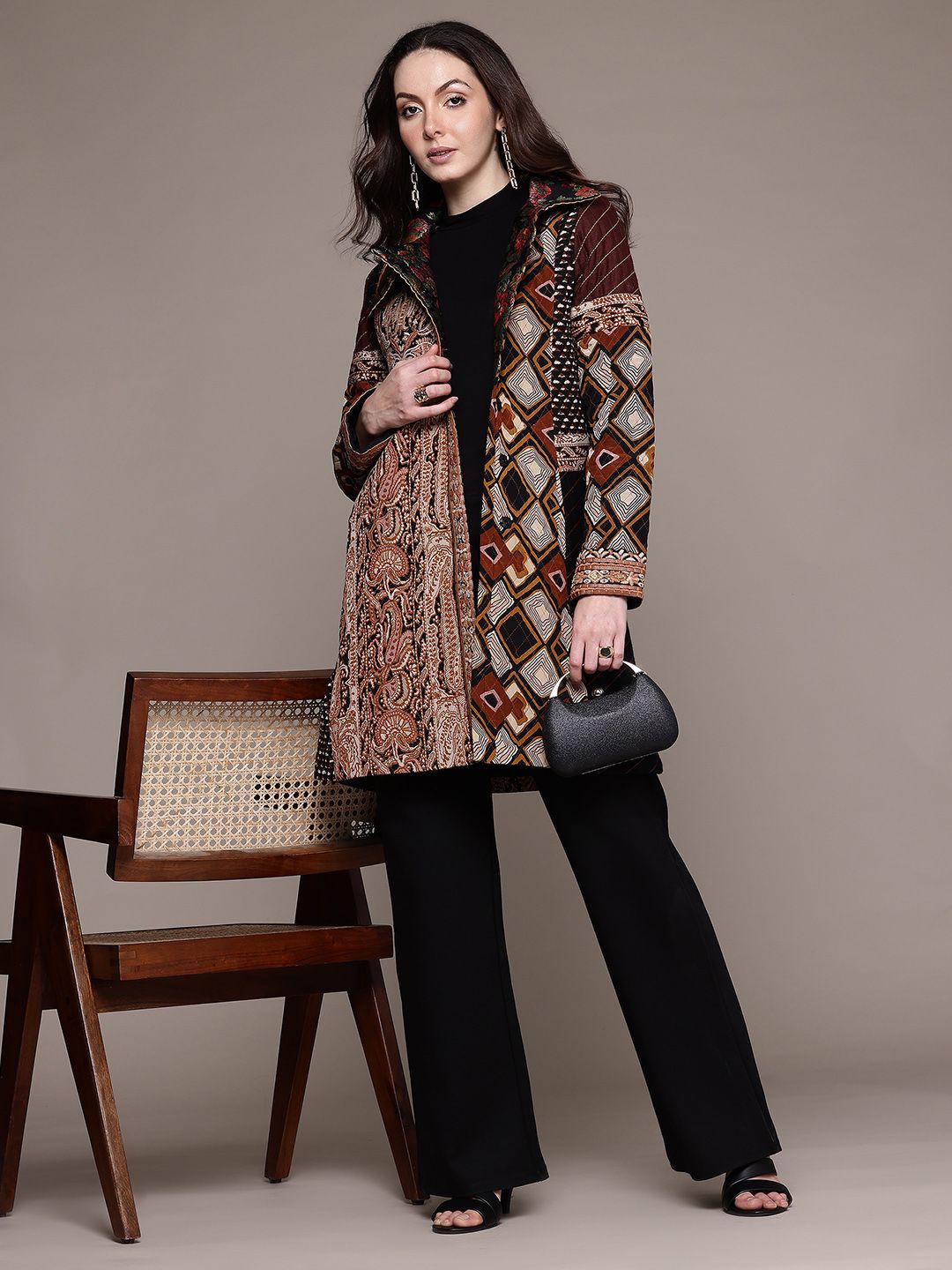 Ritu Kumar Geometric Printed Mock Collar Padded Jacket with Embroidered Detail-picture-58