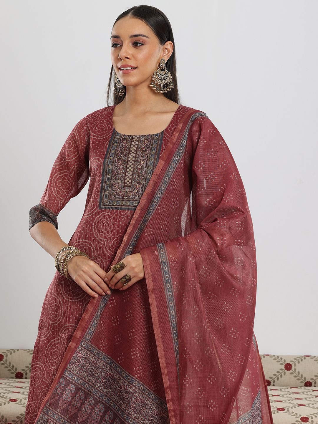 Libas Maroon Bandhani Printed Sequinned Straight Kurta with Trouser & Dupatta