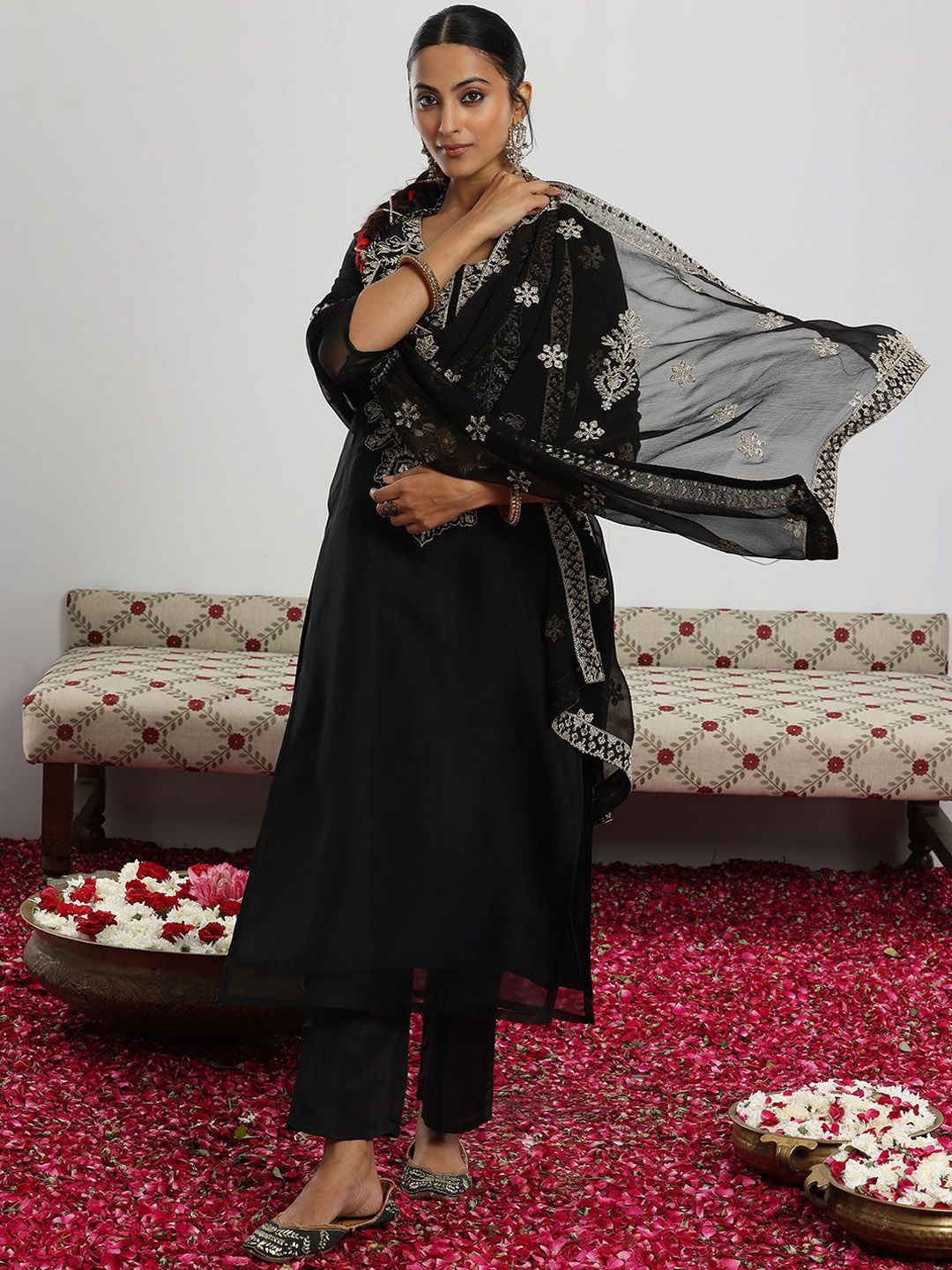 Libas Black Floral Yoke Design Sequinned Kurta with Trouser & Dupatta