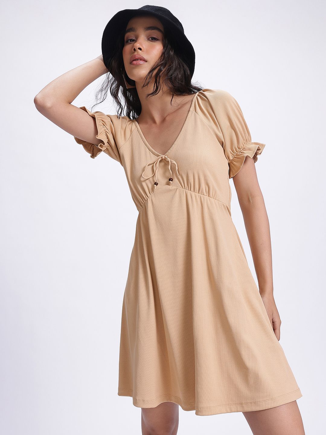 glitchez Ribbed Royalty Tie-Up Detail Puff Sleeves Fit & Flare Dress-picture-30