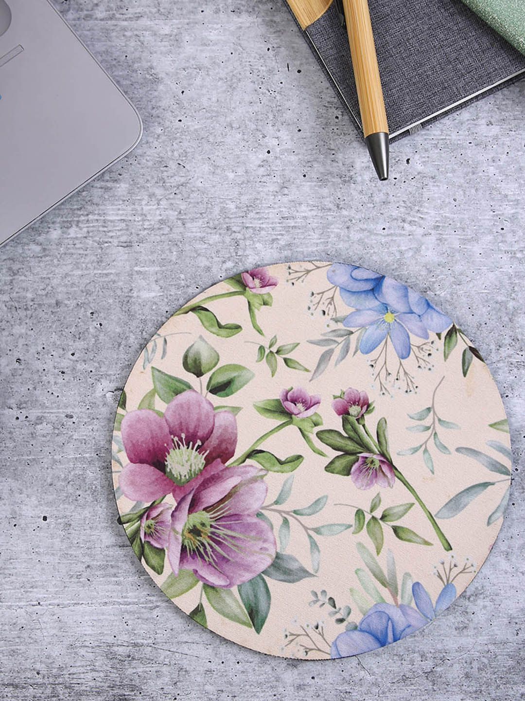 PENTADECO Beige & Blue Floral Printed Round Mouse Pad-image-3