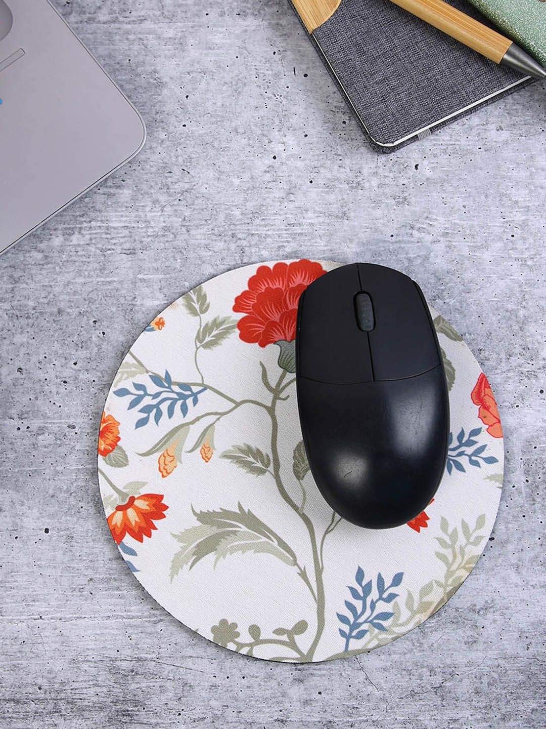 PENTADECO Cream-Coloured & Red Floral Printed Round Mouse Pad-image-10