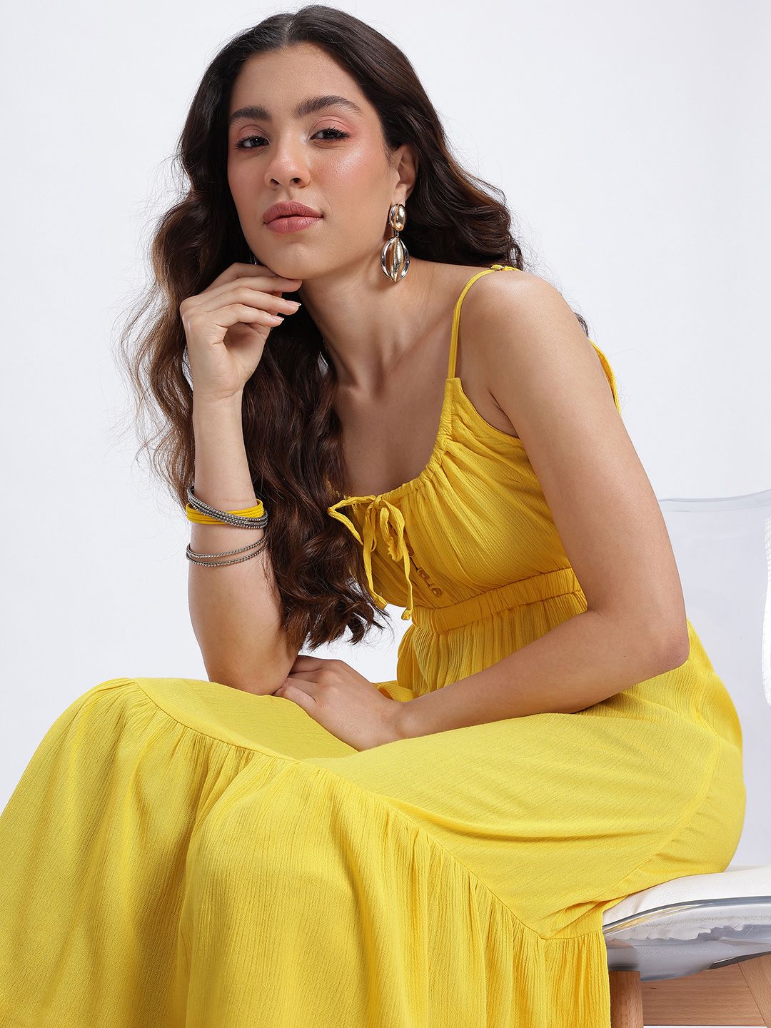 glitchez Shoulder Straps Gathered and Pleated Empire Midi Dress with Tie-Up Details