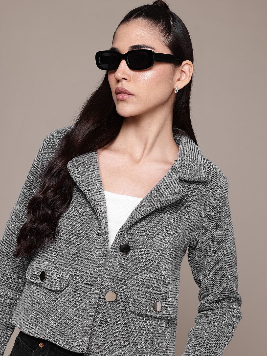 The Roadster Lifestyle Co. Single-Breasted Crop Woollen Blazer