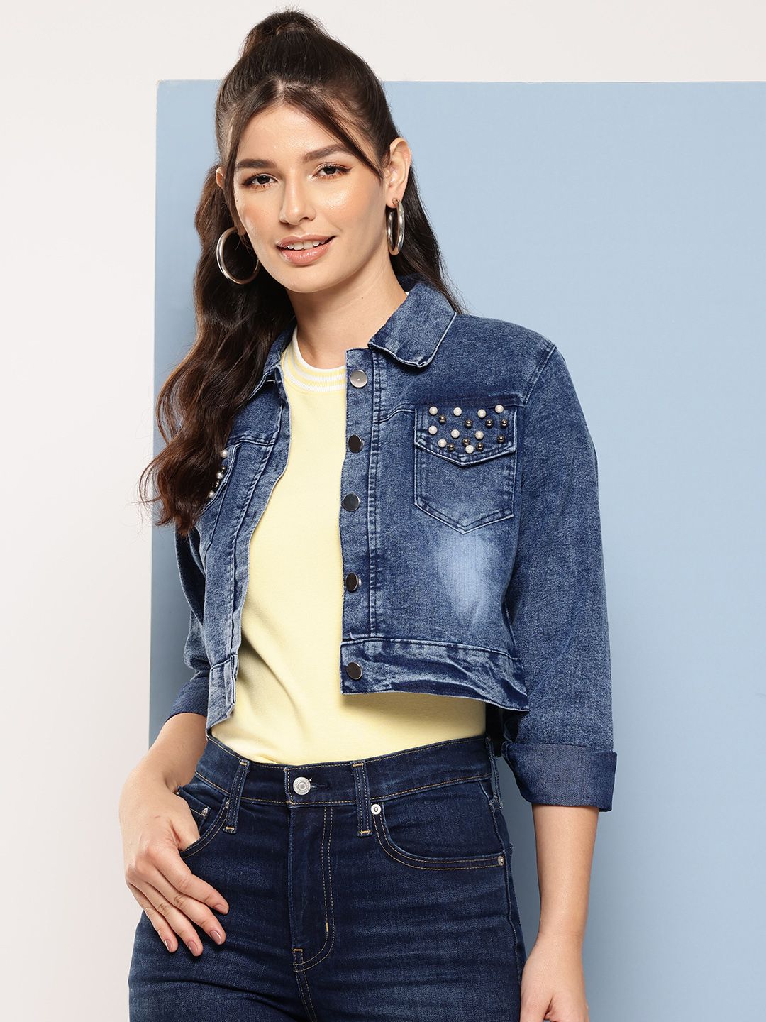 Aarika Washed Beads Studded Cropped Denim Jacket-picture-11