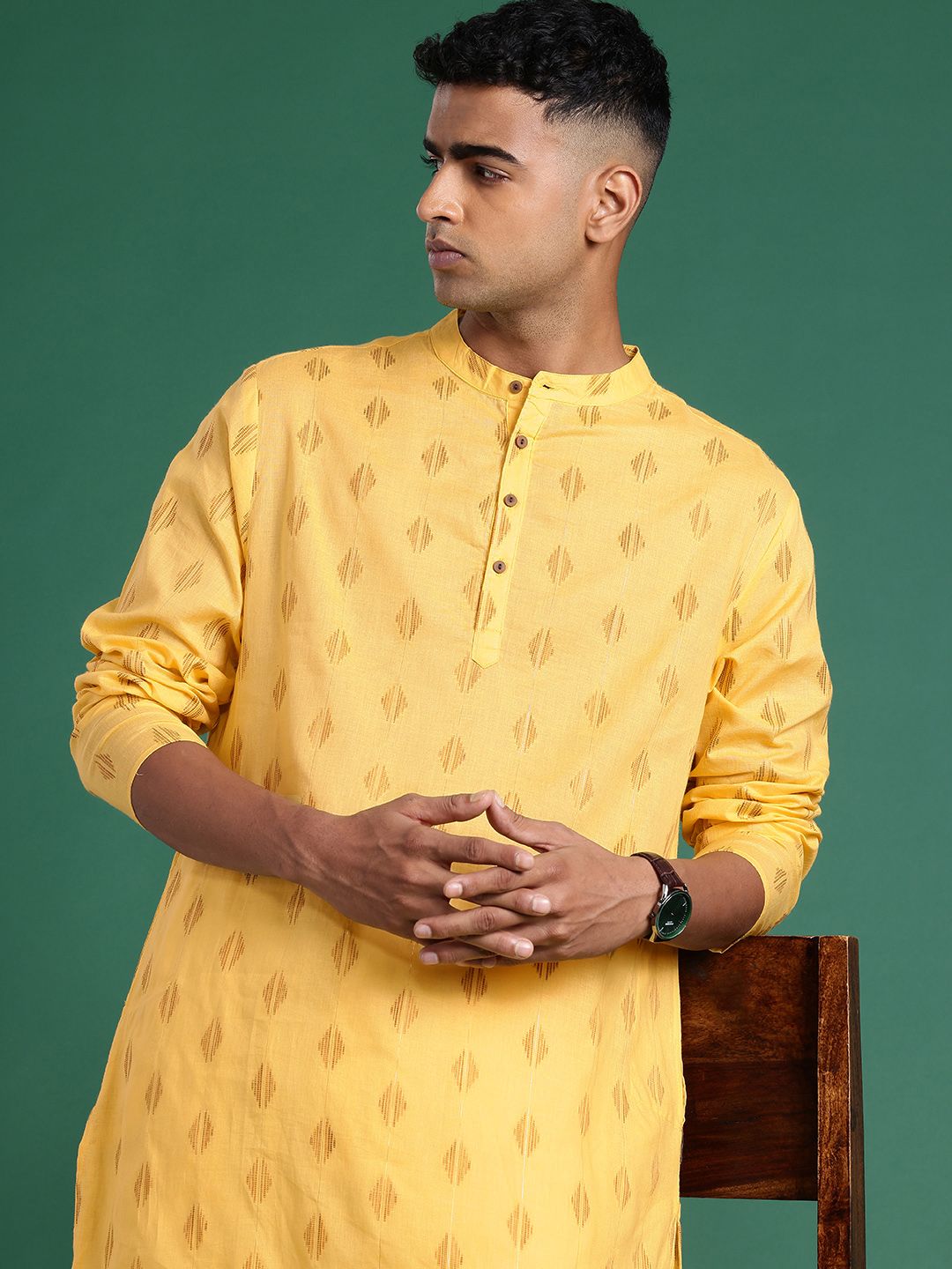 Sangria Geometric Woven Design Band Collar Pure Cotton Straight Kurta-picture-38