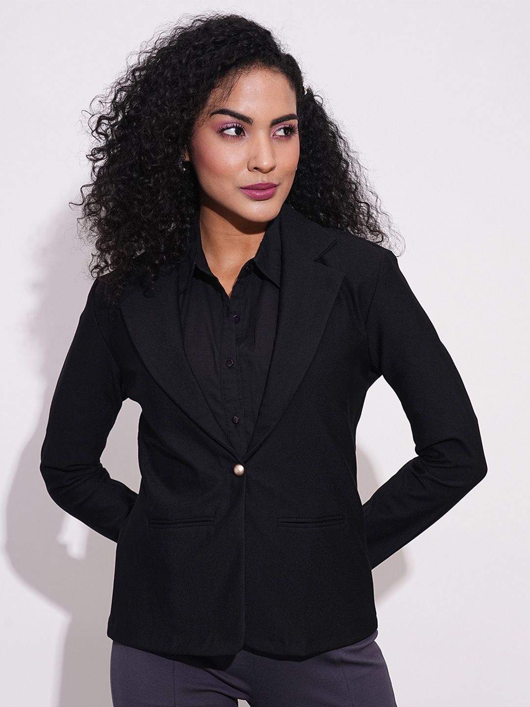 Globus Notch Lapel Long Sleeves Stretchable Curved Hem Open Front Workwear Blazer Jacket