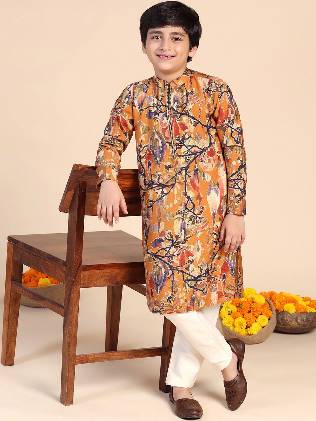 KISAH Boys Floral Printed Mandarin Collar Cotton Straight Kurta
