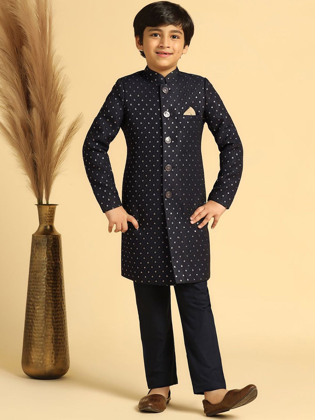 KISAH Boy's Self Design Indowestern Sherwani Pyjama Set-picture-44