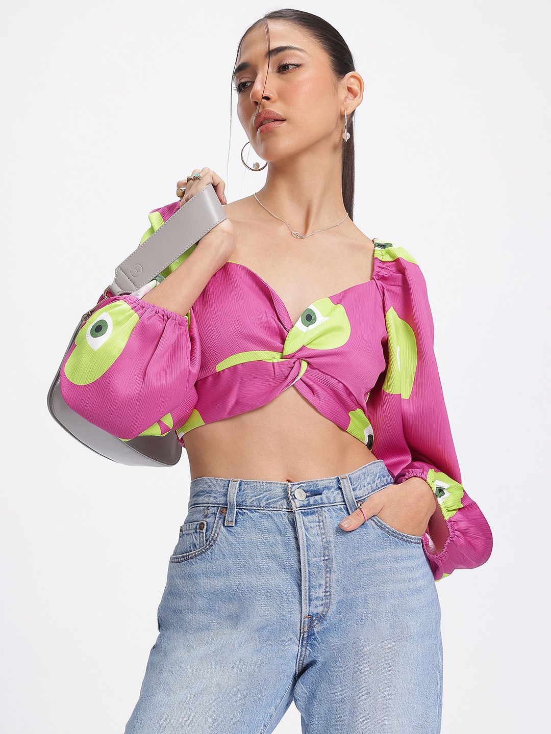 glitchez Crinkle Chic Evil Eye Print Twisted Front Crop Top-picture-10