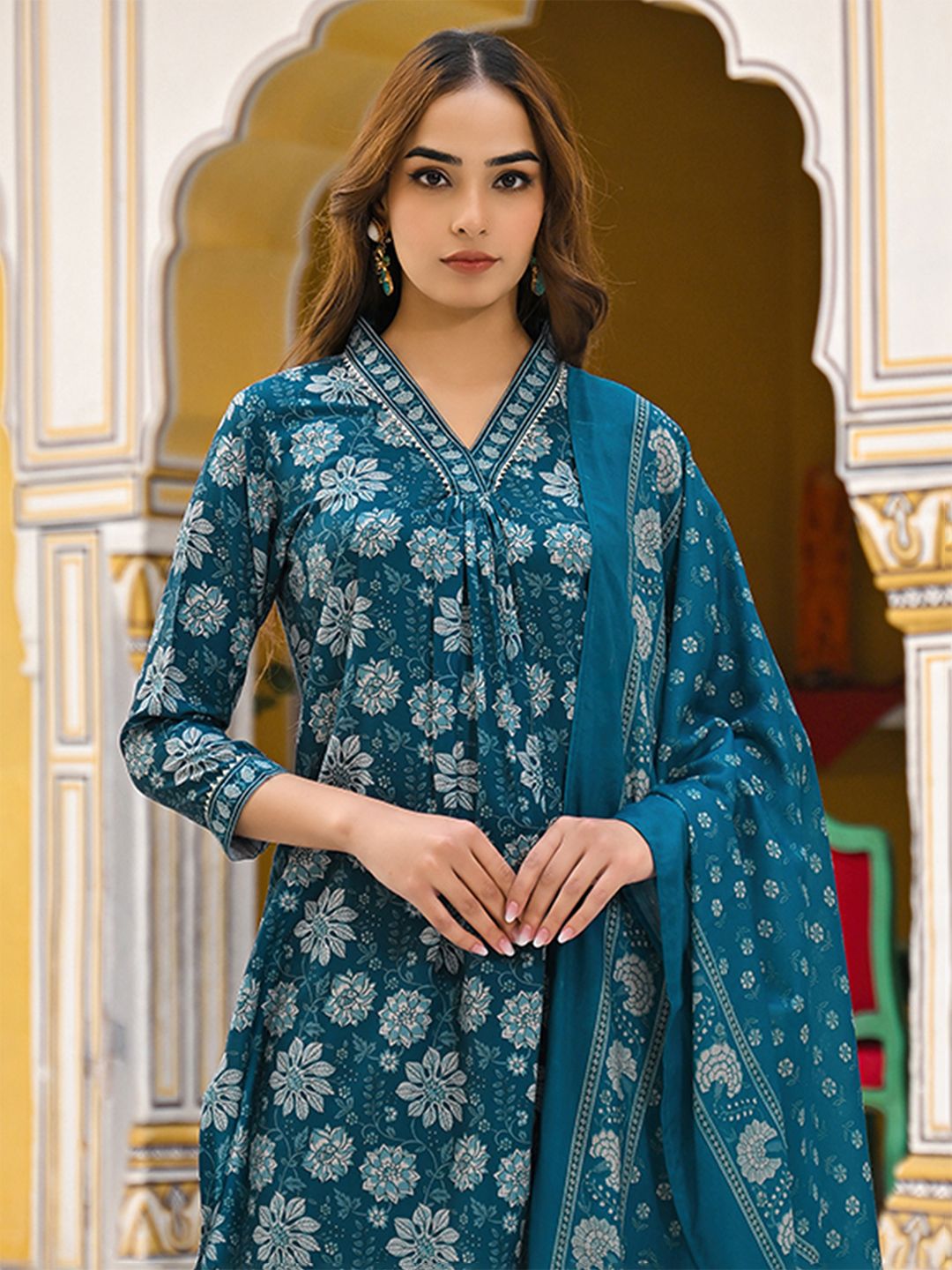 KALINI Floral Printed Pleated Kurta with Trouser & Dupatta