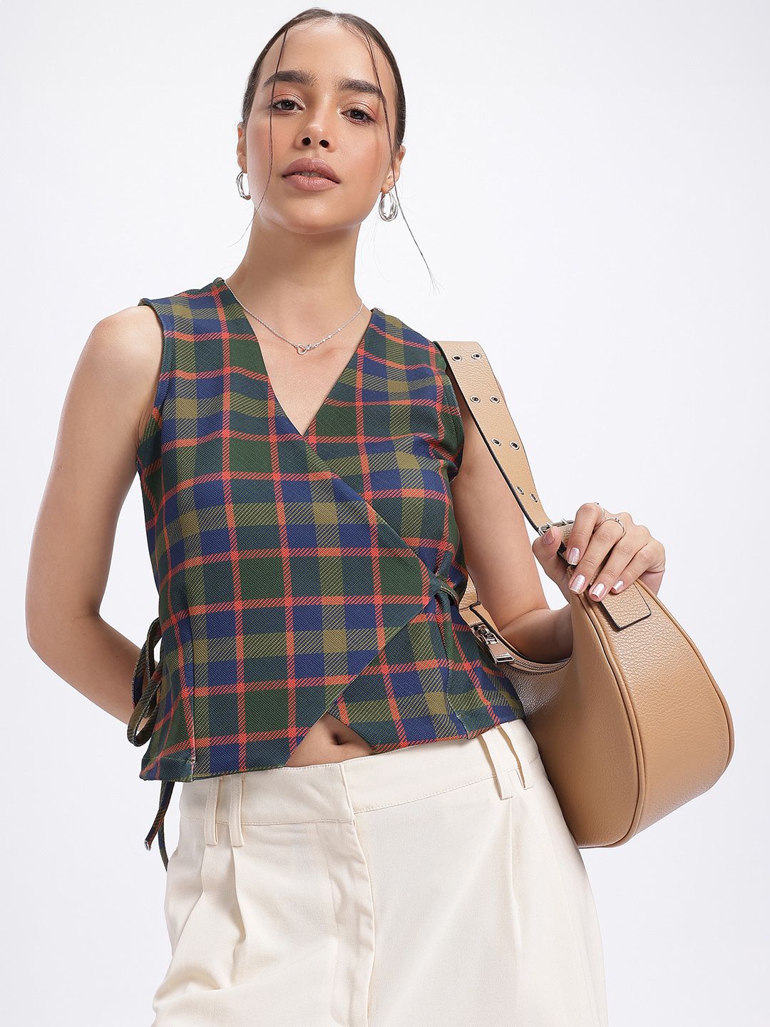 glitchez Grid Checks Waistcoat Style Wrap Top-picture-12
