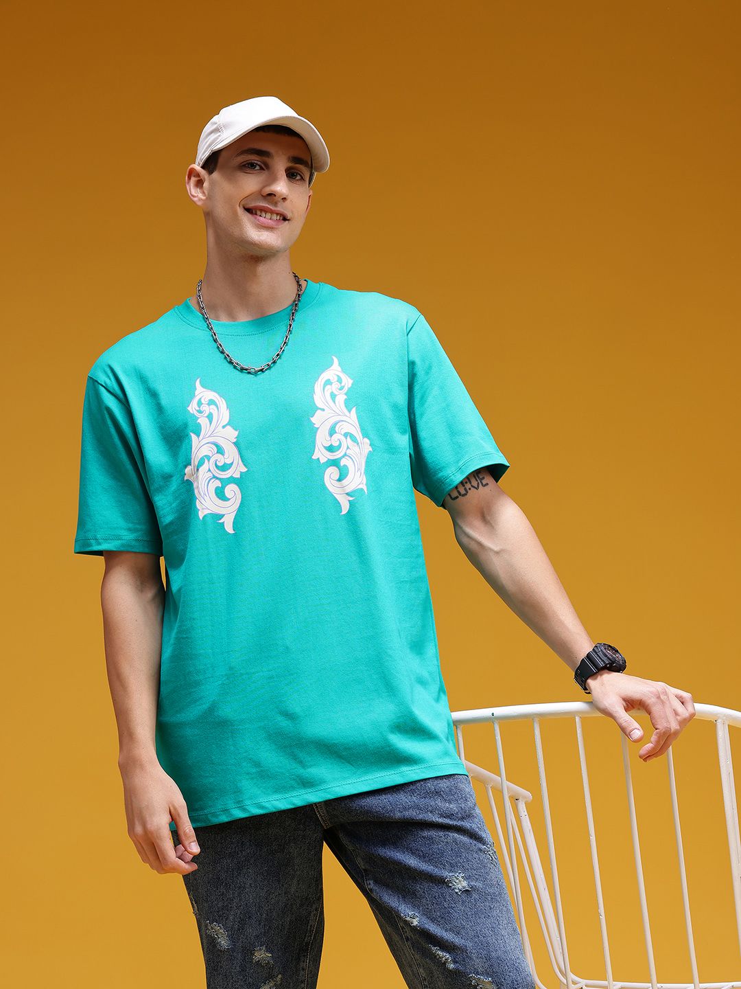 HERE&NOW Men Ethnic Printed Drop-Shoulder Sleeves Cotton T-shirt-picture-17