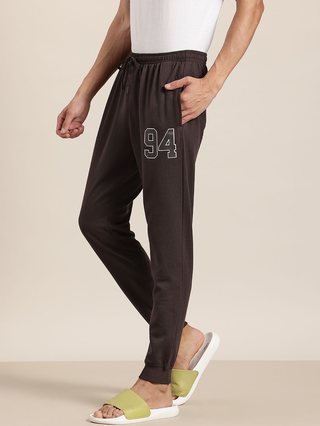 HERE&NOW Men Solid Lounge Pants with Typography Detail-image-3