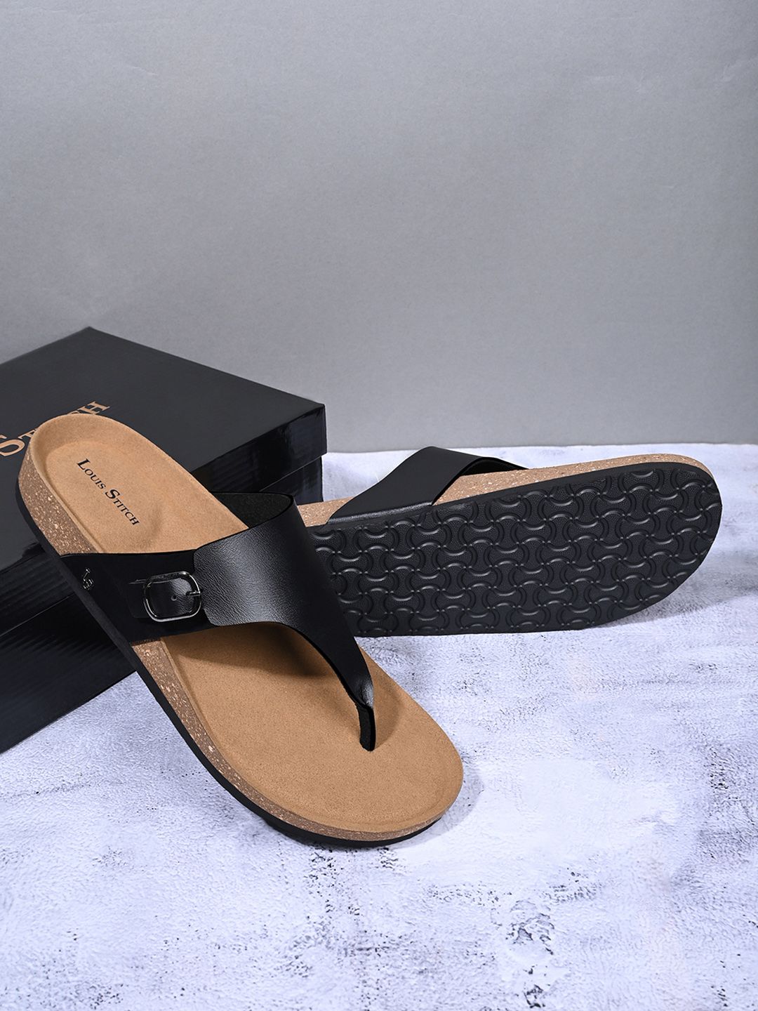 LOUIS STITCH Men Jet Black Comfy Cork Flip-Flops Slipper for Men-picture-26