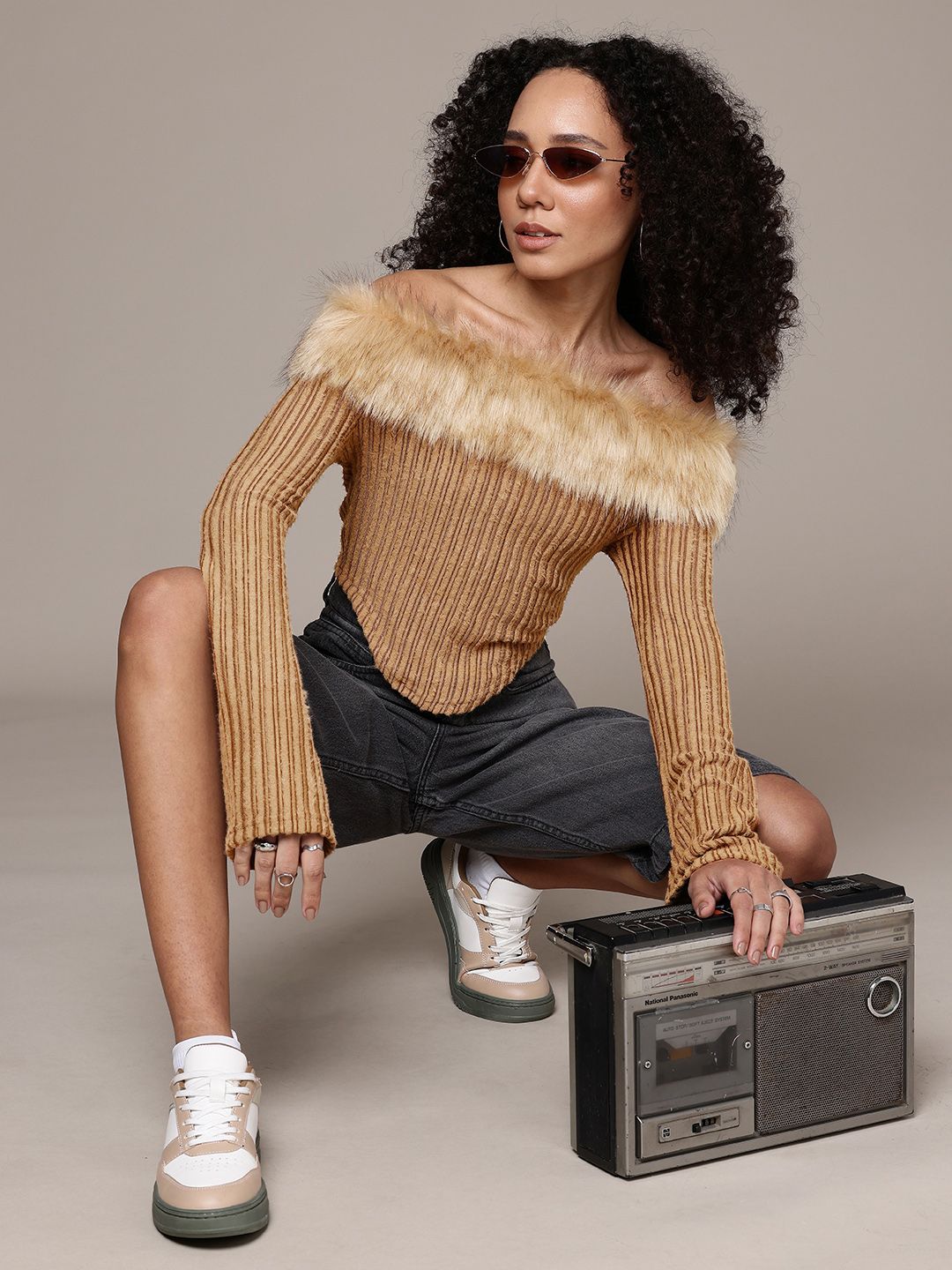 Buy The Roadster Life Co. Striped Faux Fur Off-Shoulder Top - Tops