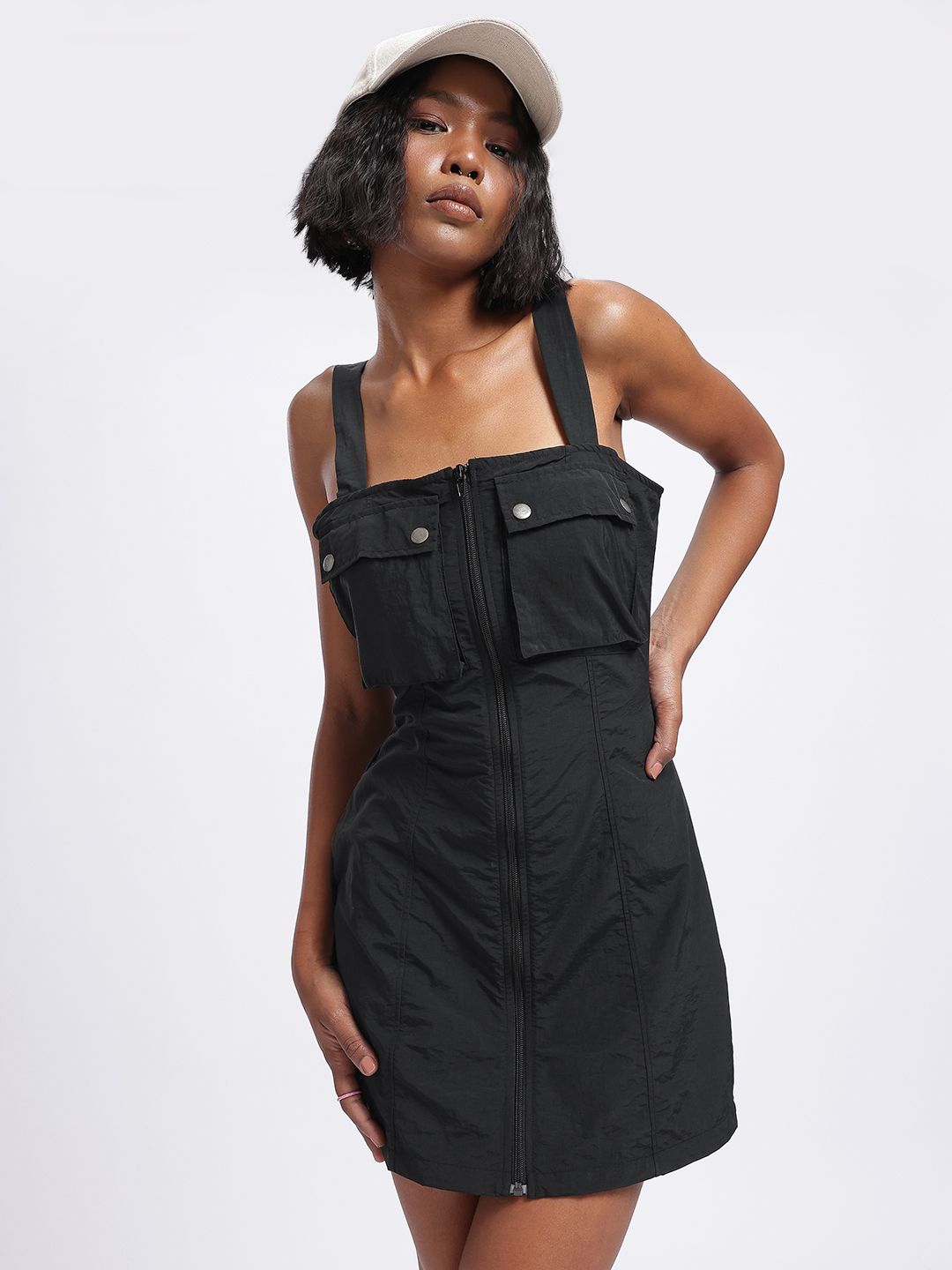 glitchez Pockets-In-Trend Shoulder Straps Zip-Up Mini Pinafore Dress-picture-37